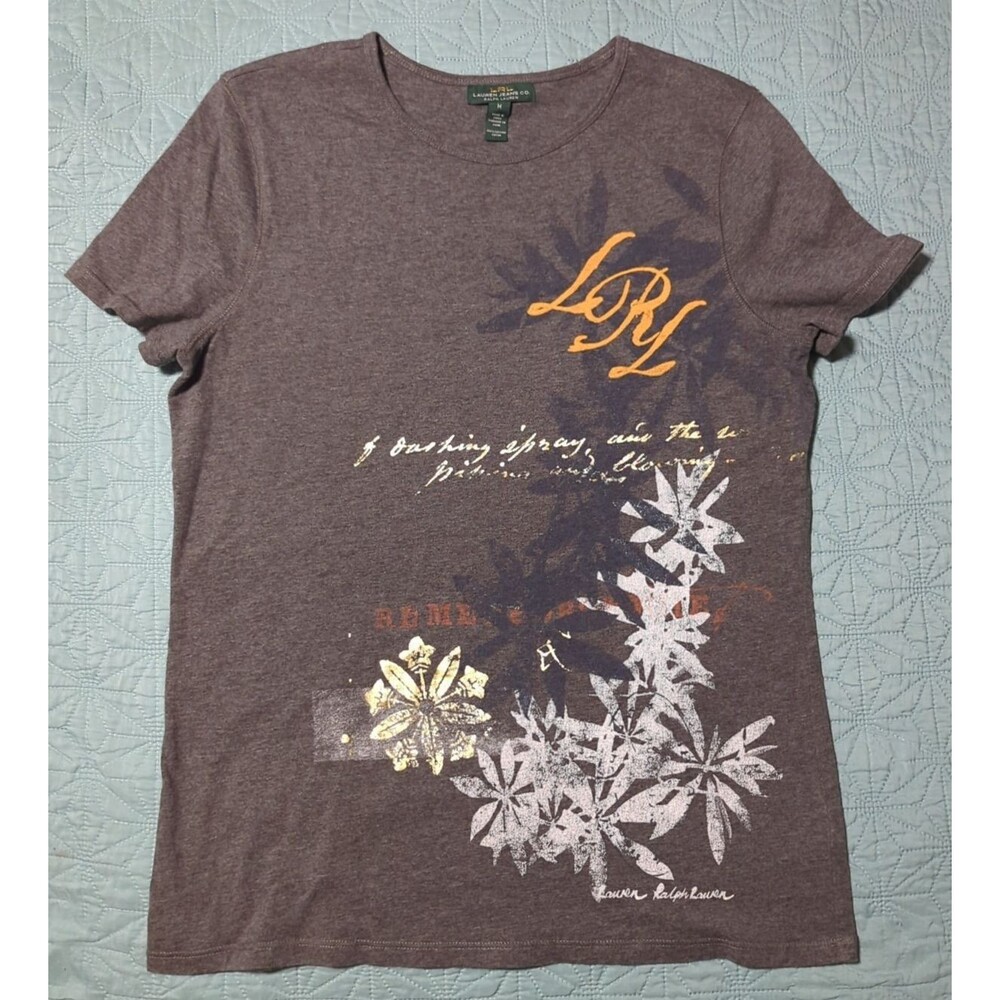 LRL Lauren Jeans Co Women's Gray Scoop Neck T-Shirt M Floral Print Gold Writing
